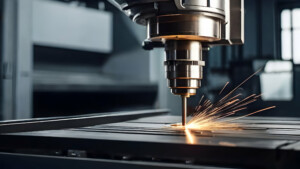 A CNC milling machine cutting a piece of material and creating orange sparks in an industrial setting.