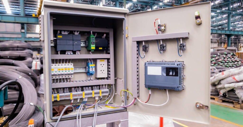 An electrical enclosure in a large, industrial factory with the door open showing various wires, boxes, and outlets.