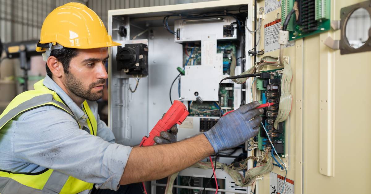 A male worker in a high-visibility vest and yellow hard hat bending low and testing the circuits of an electrical enclosure.