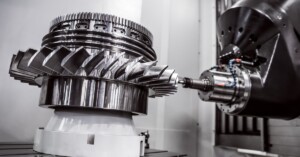 A CNC milling machine works on a stainless steel turbine part for airplane engines in an industrial setting.